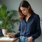 Femme d'affaires convertissant des mesures au bureau