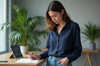 Femme d'affaires convertissant des mesures au bureau
