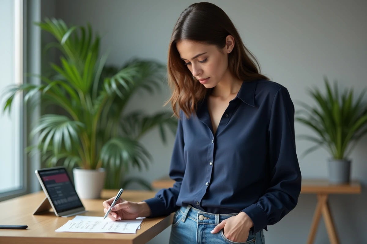 Femme d'affaires convertissant des mesures au bureau