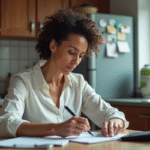 Femme d'âge moyen à la cuisine avec papier et calculatrice