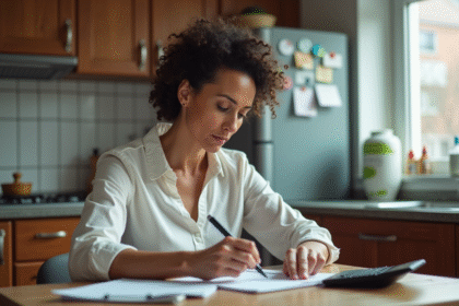 Femme d'âge moyen à la cuisine avec papier et calculatrice
