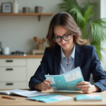 Femme en costume bleu compare des livrets d'épargne dans une cuisine lumineuse