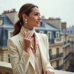 Femme élégante ajustant son foulard sur un balcon parisien