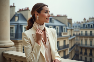 Femme élégante ajustant son foulard sur un balcon parisien