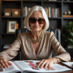 Femme élégante en réunion de magazine avec lunettes oversize