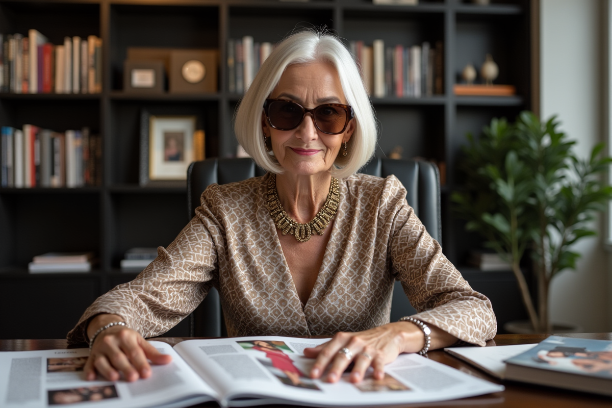 Femme élégante en réunion de magazine avec lunettes oversize