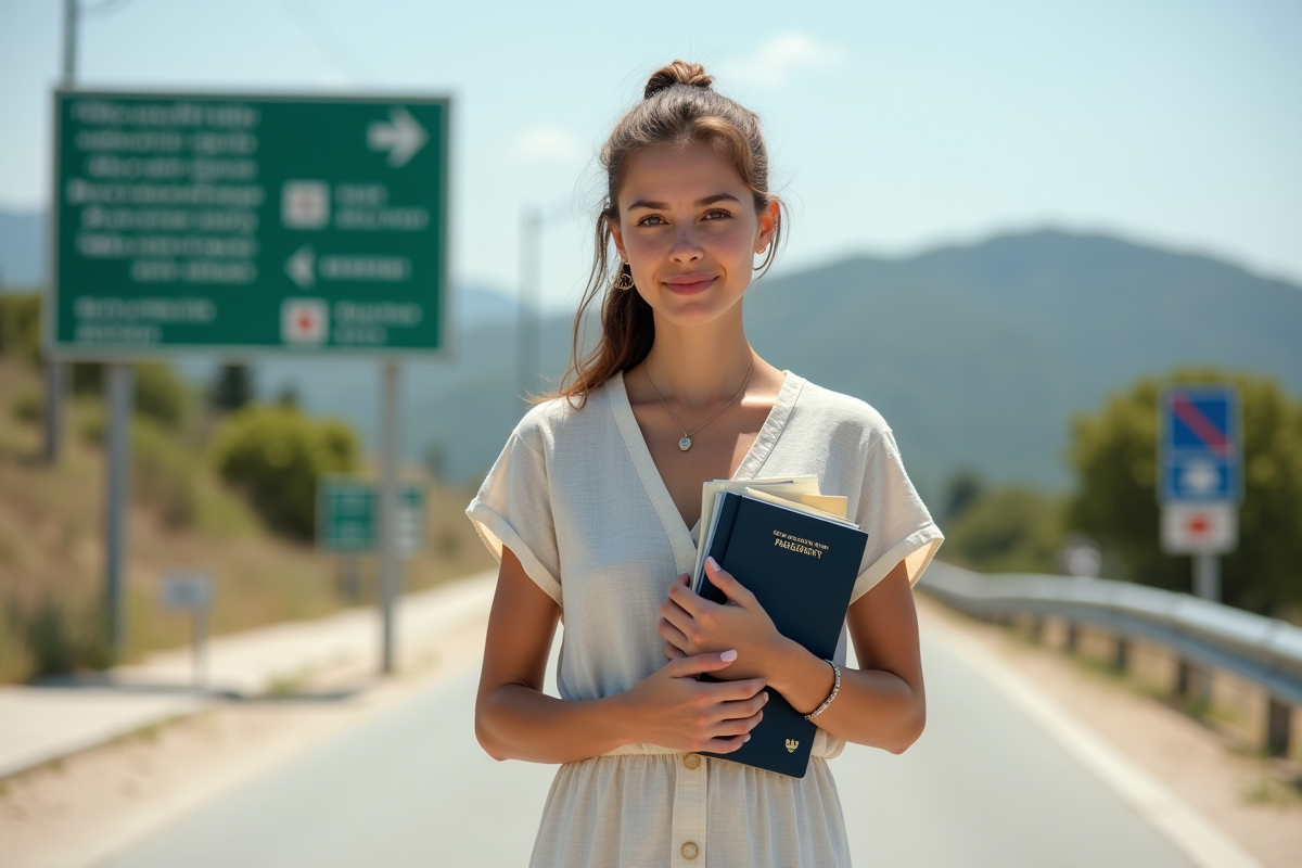 Jeune femme avec passeport devant un poste frontière en plein air