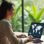 Femme consultant un convertisseur de fuseau horaire pour La Réunion sur son ordinateur portable