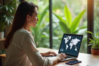 Femme consultant un convertisseur de fuseau horaire pour La Réunion sur son ordinateur portable