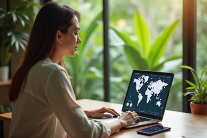 Femme consultant un convertisseur de fuseau horaire pour La Réunion sur son ordinateur portable