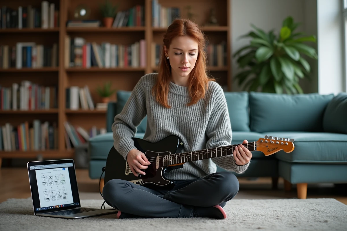 Femme guitariste adaptant des accords Santiano depuis un site de tablatures sur laptop dans un salon cosy