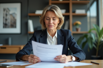 Femme d'affaires à Paris examine des contrats de location