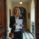 Femme française avec documents immobiliers dans hall parisien