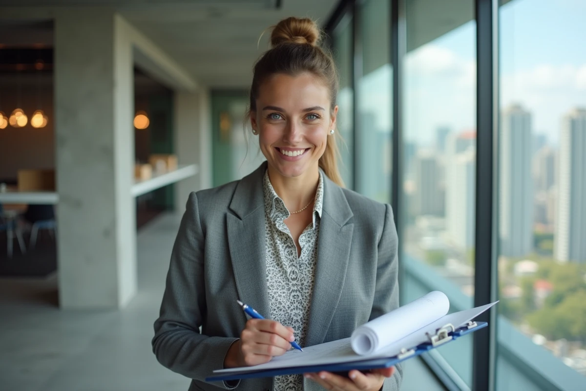 Ingénieure avec plans techniques devant une fenêtre urbaine