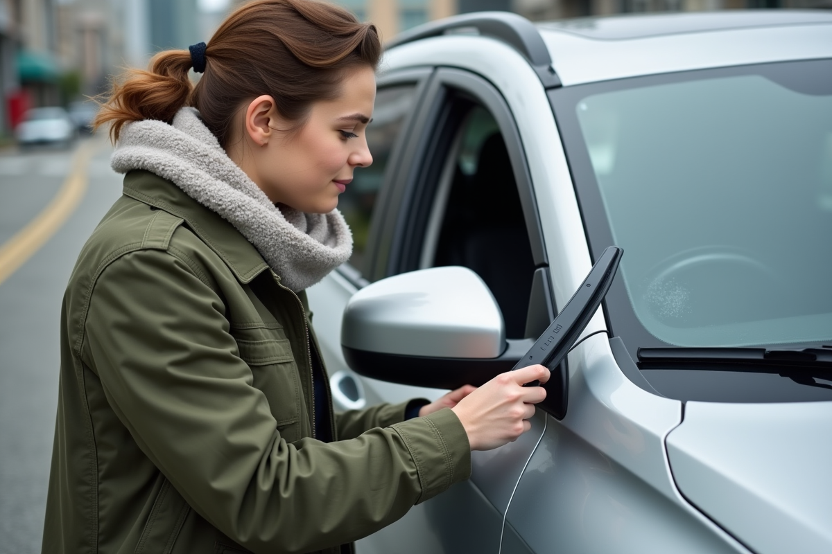 Femme installant un essuie-glace sur SUV en ville