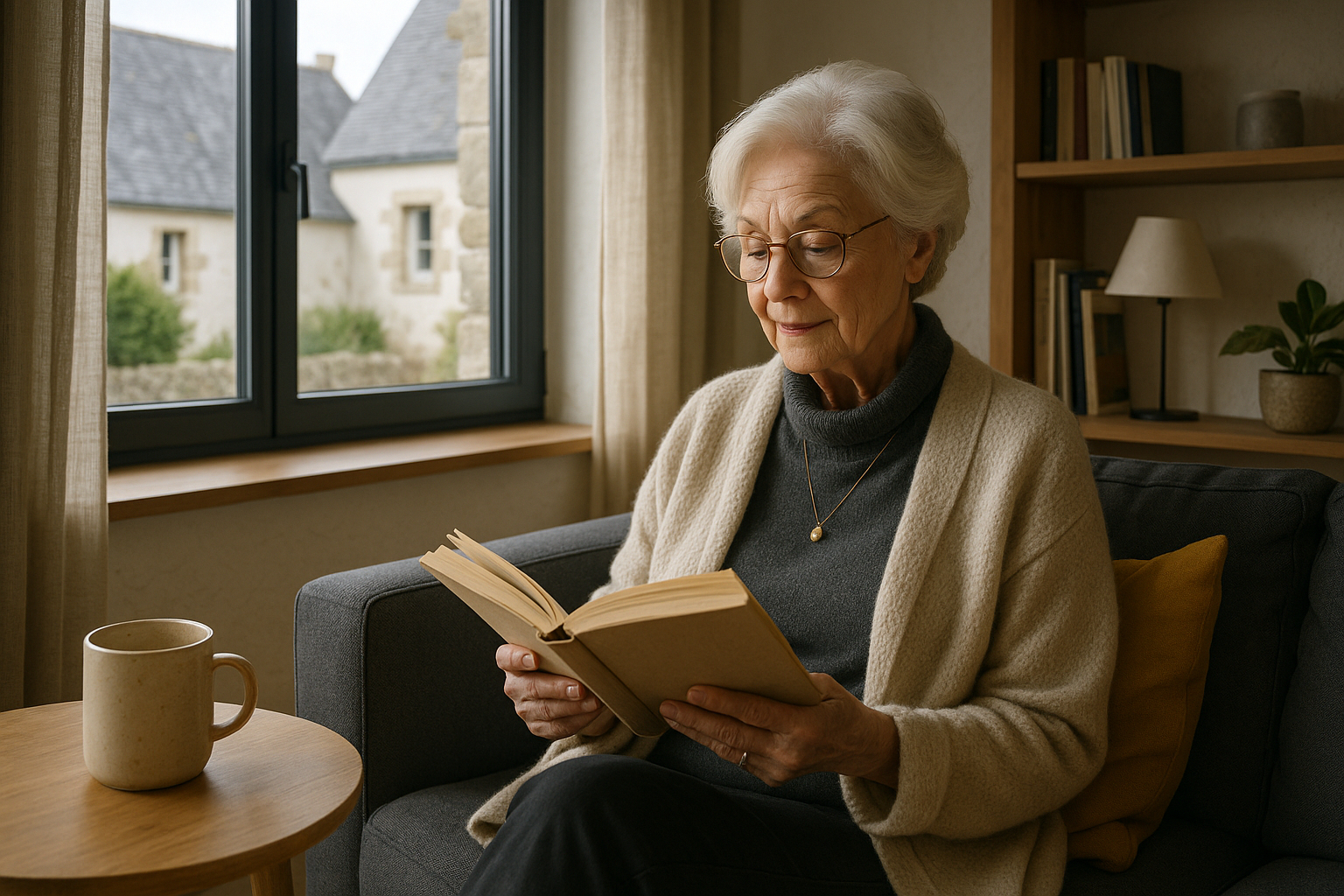 Femme âgée lisant un livre dans une maison à Guipavas