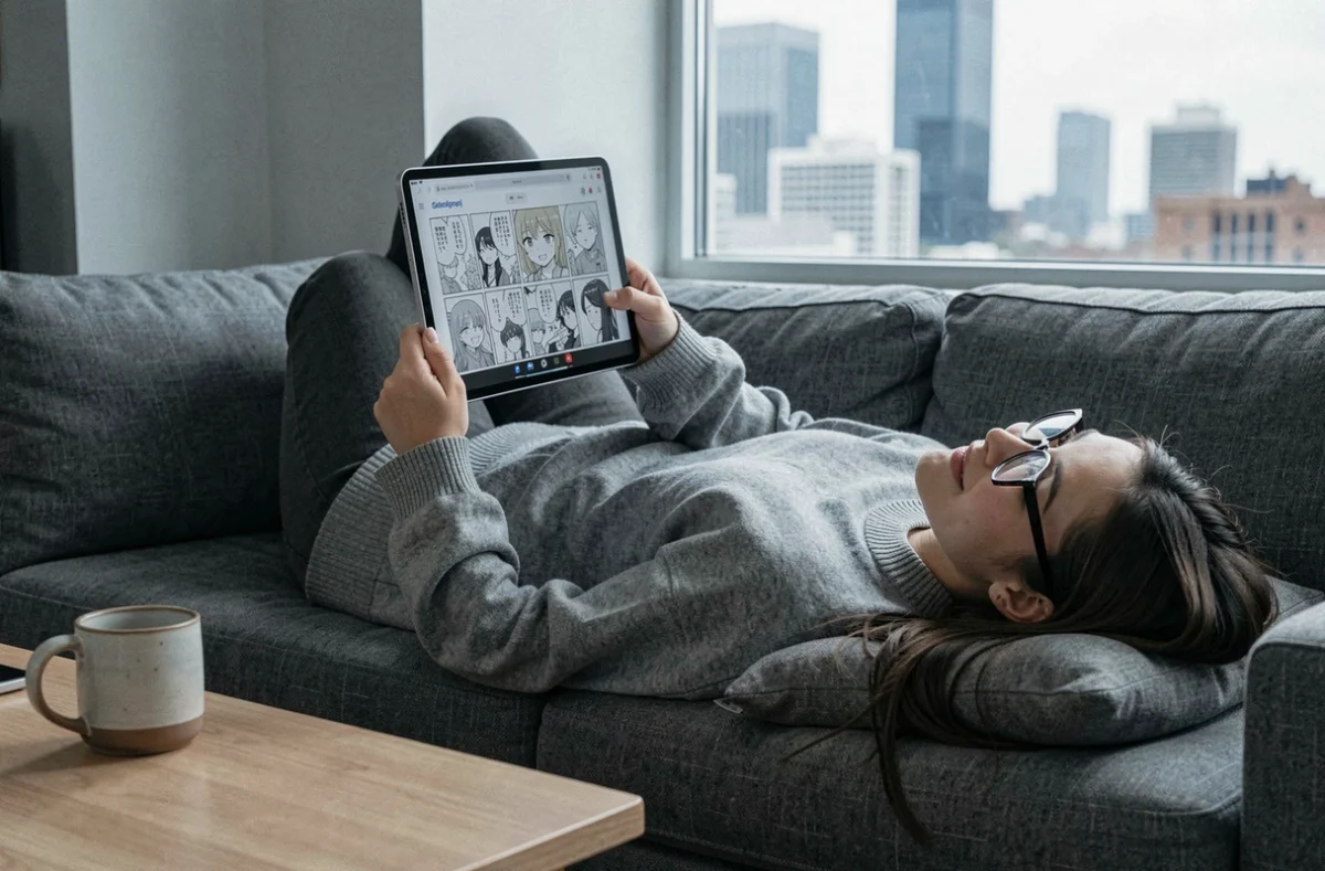 Jeune femme consultant un site de lecture de scans manga sur tablette dans un appartement moderne