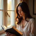 Femme dans la quarantaine lisant un livre près d'une fenêtre ensoleillée
