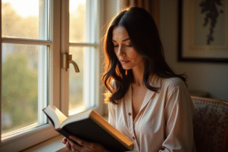 Femme dans la quarantaine lisant un livre près d'une fenêtre ensoleillée