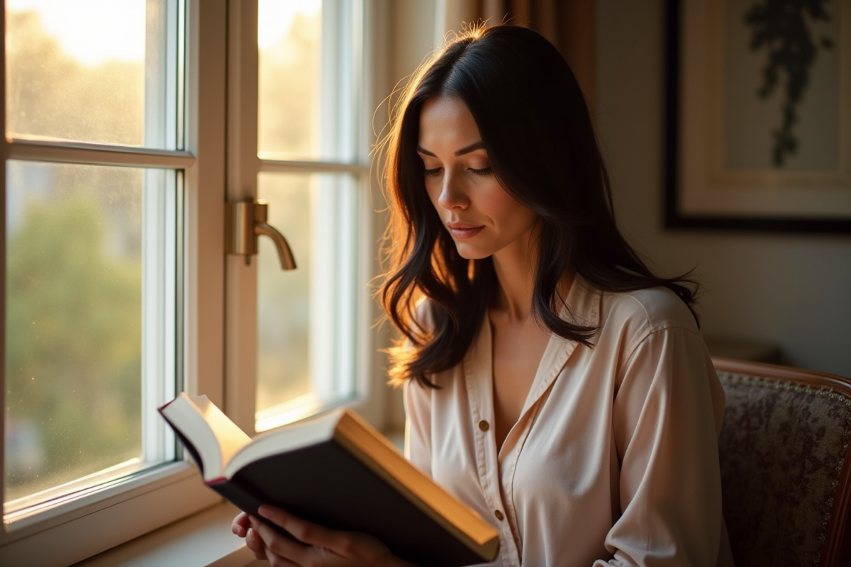 Femme dans la quarantaine lisant un livre près d'une fenêtre ensoleillée