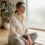 Femme pratiquant la répétition d'un mantra lors d'une séance de coaching dans un bureau minimaliste et apaisant