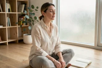 Femme pratiquant la répétition d'un mantra lors d'une séance de coaching dans un bureau minimaliste et apaisant