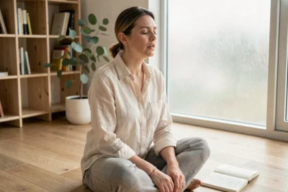 Femme pratiquant la répétition d'un mantra lors d'une séance de coaching dans un bureau minimaliste et apaisant