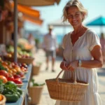 Femme en robe en lin au marché artisanal de Le Barcarès