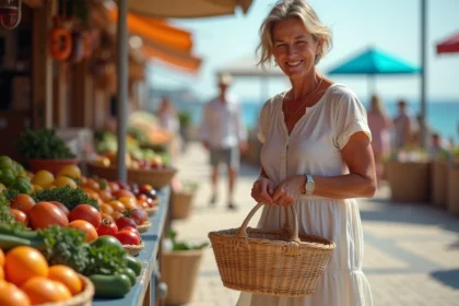 Femme en robe en lin au marché artisanal de Le Barcarès