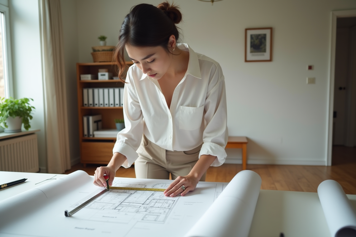 Jeune femme mesurant un plan architectural dans un bureau