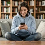 Jeune femme jouant à Monopoly Go sur smartphone pour obtenir des dés et billets gratuits