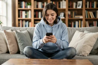 Jeune femme jouant à Monopoly Go sur smartphone pour obtenir des dés et billets gratuits