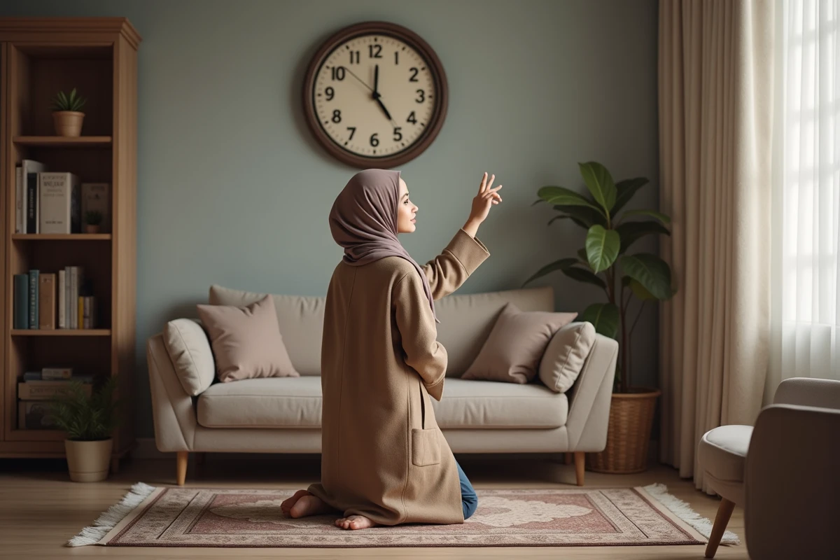 Jeune femme musulmane vérifiant une horloge de prière dans son salon