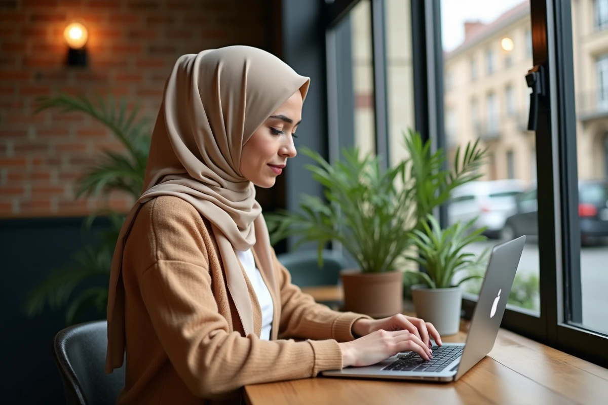 Jeune femme musulmane avec hijab utilisant un laptop au café