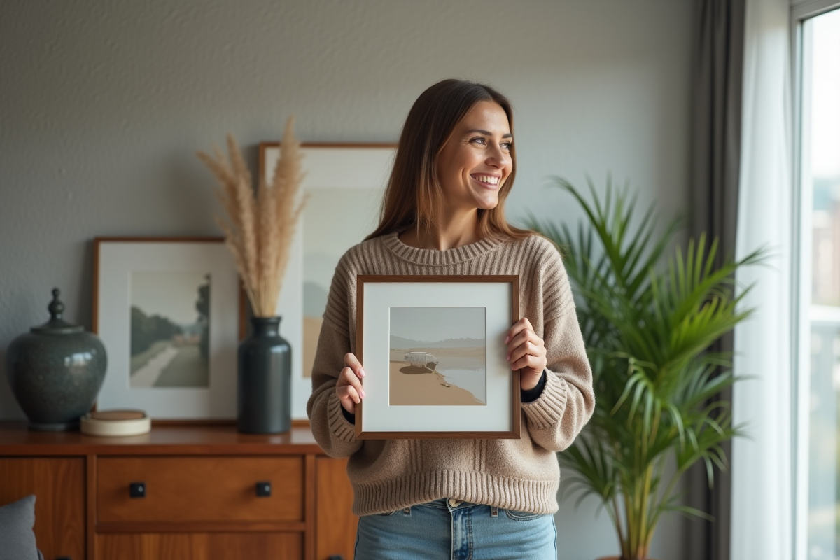 Femme souriante tenant une œuvre d