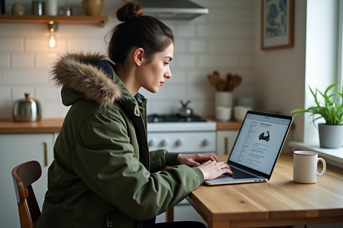Jeune femme cherchant des annonces de scooters en ligne à la maison