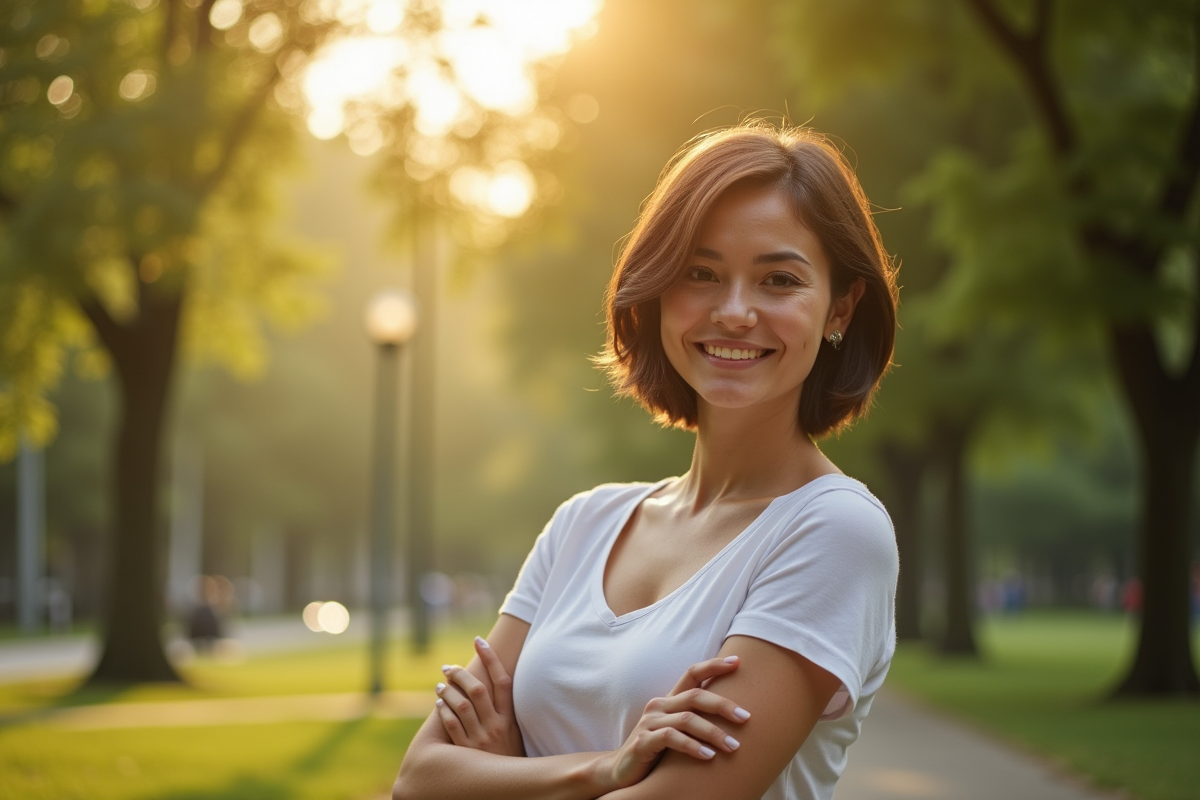 Femme souriante dans un parc en fin d