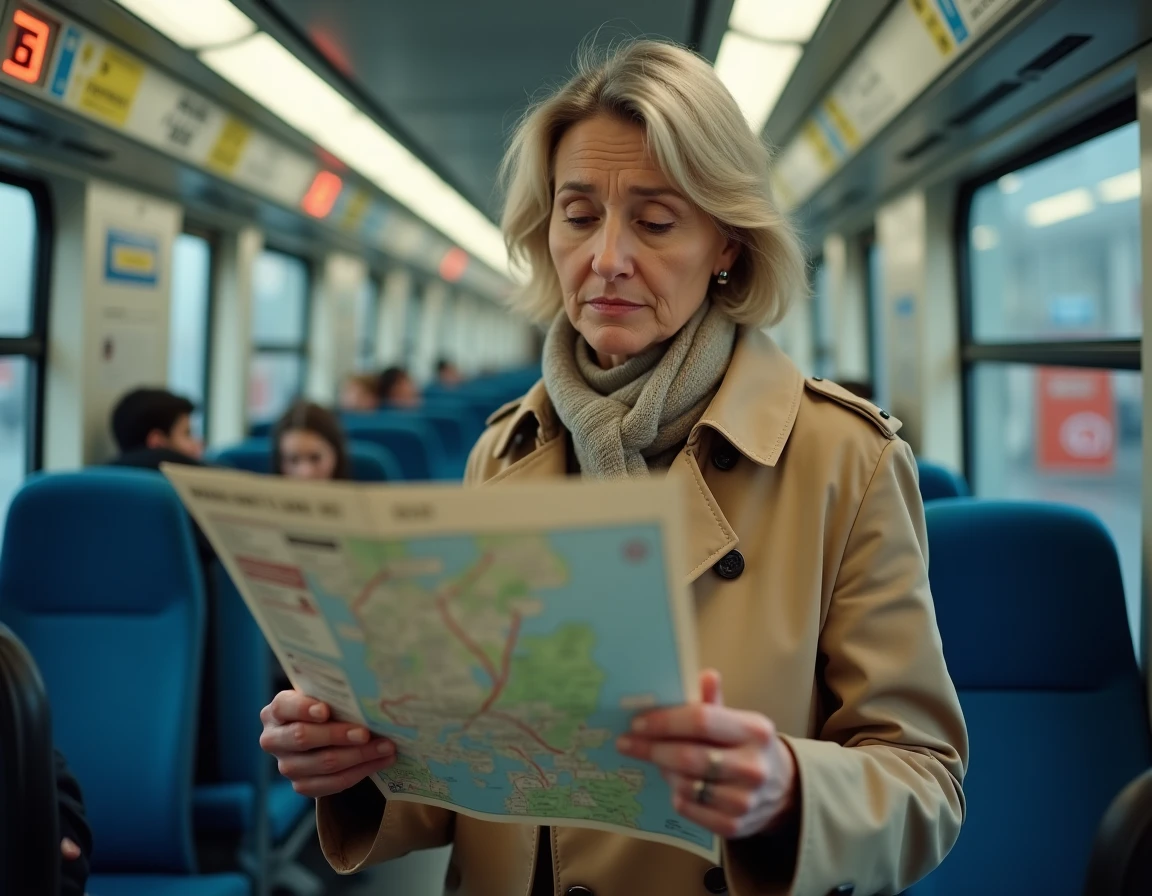 Femme consultant un plan de la ligne 13 du métro de Paris dans un wagon en mouvement