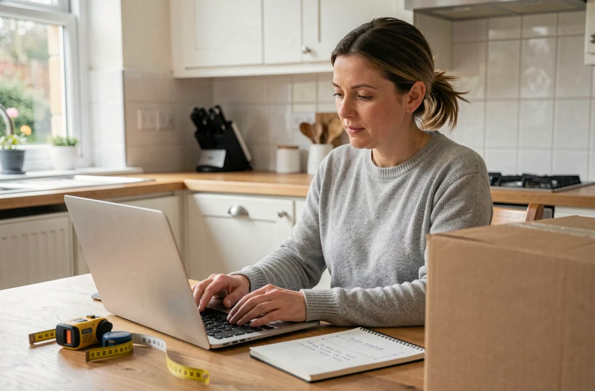 Une femme particulier recherche un service de transport fiable pour gros colis sur internet depuis sa cuisine avec un ordinateur portable