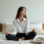 Jeune femme assise sur le lit dans une chambre calme