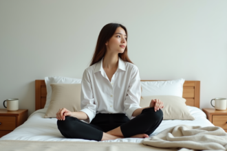 Jeune femme assise sur le lit dans une chambre calme