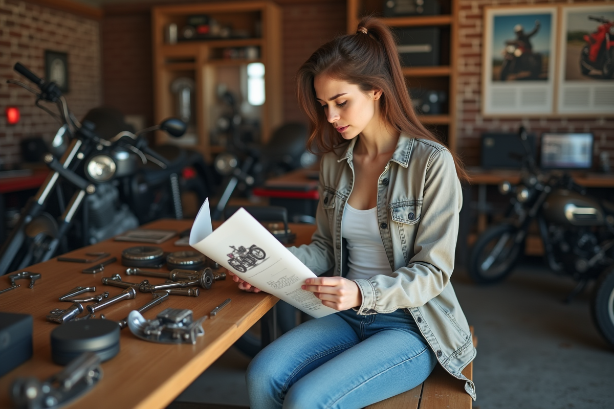 Jeune femme révisant une moto dans un garage