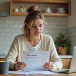 Femme détendue vérifiant ses comptes à la maison