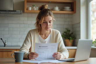Femme détendue vérifiant ses comptes à la maison
