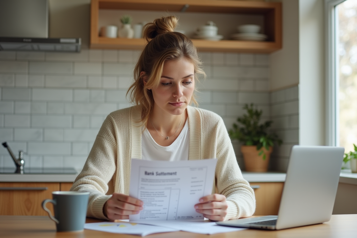 Femme détendue vérifiant ses comptes à la maison