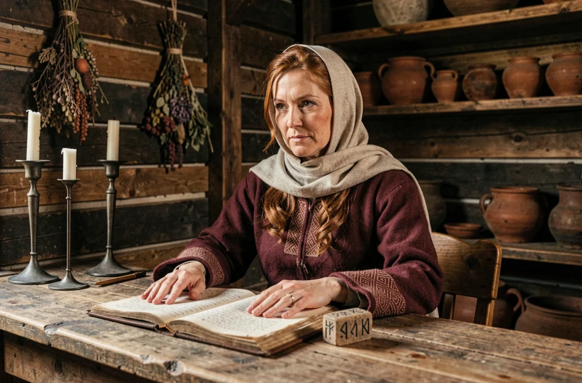 Femme nordique médiévale lisant un manuscrit runique dans une salle viking rustique aux murs en bois