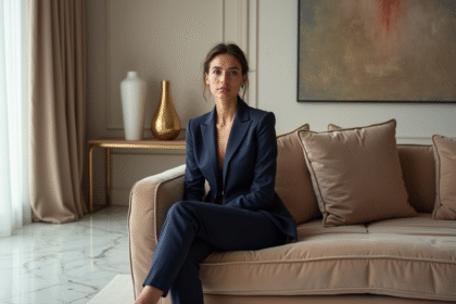 Femme élégante en tailleur dans un salon sophistiqué