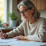 Femme d'âge moyen lisant documents de santé à la maison