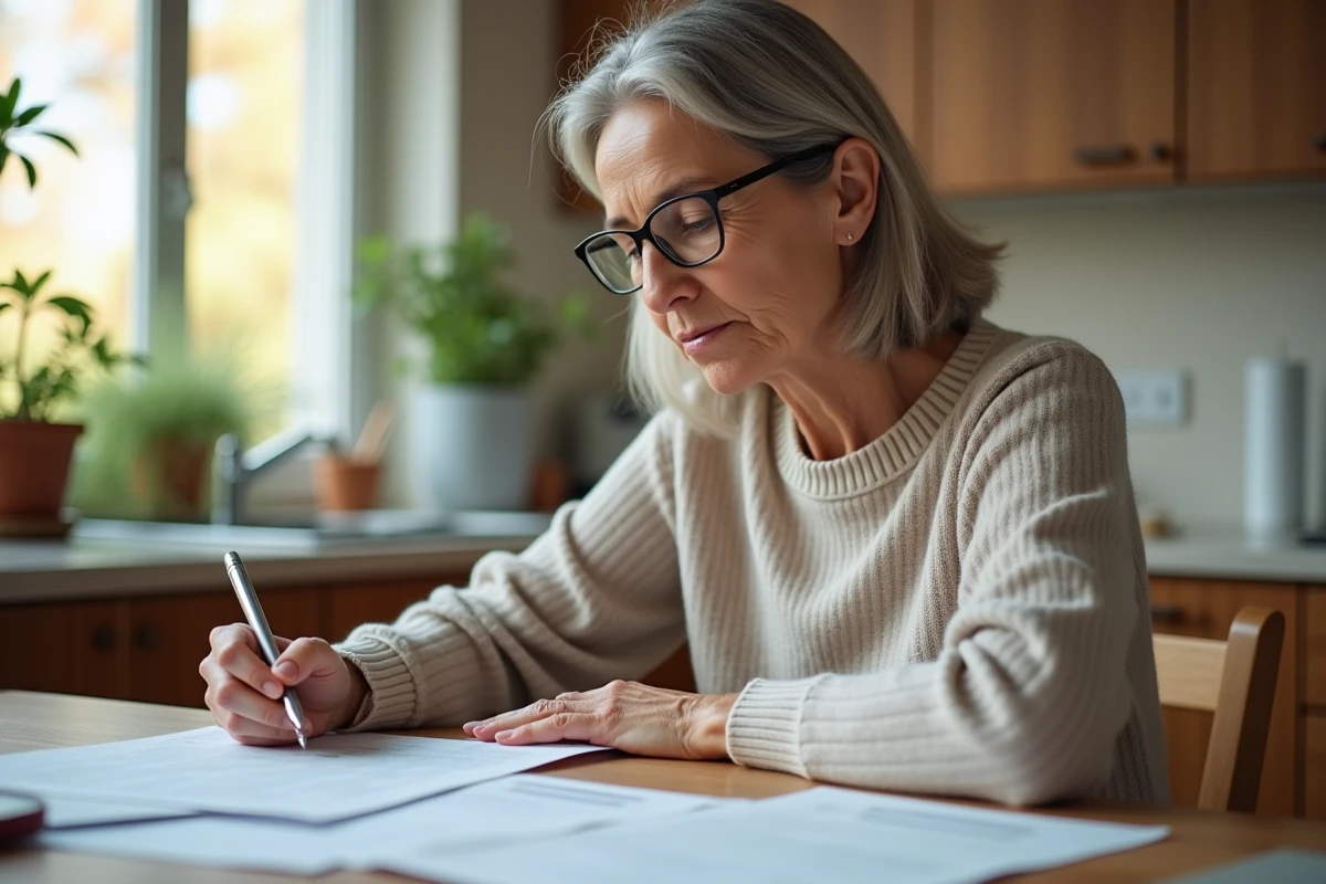 Femme d'âge moyen lisant documents de santé à la maison