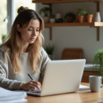 Jeune femme concentrée travaillant à la maison